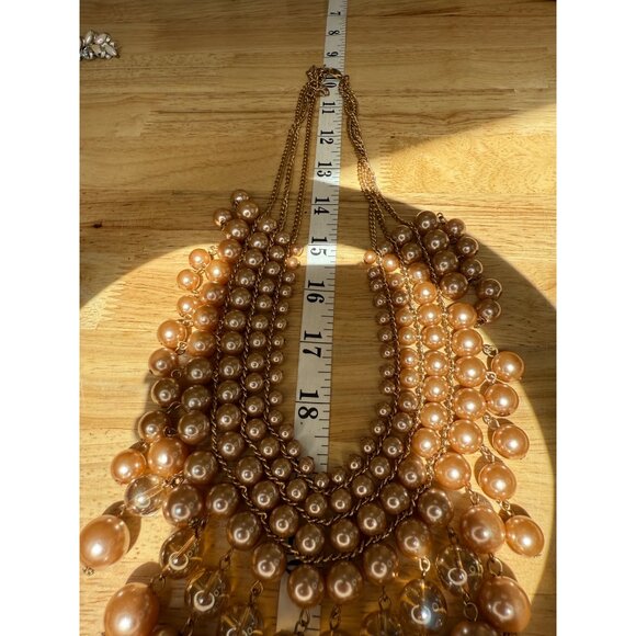Gold Tone Multi-Layered Faux Pearl Statement Necklace With Clear Beads & Adjusta - Picture 9 of 9